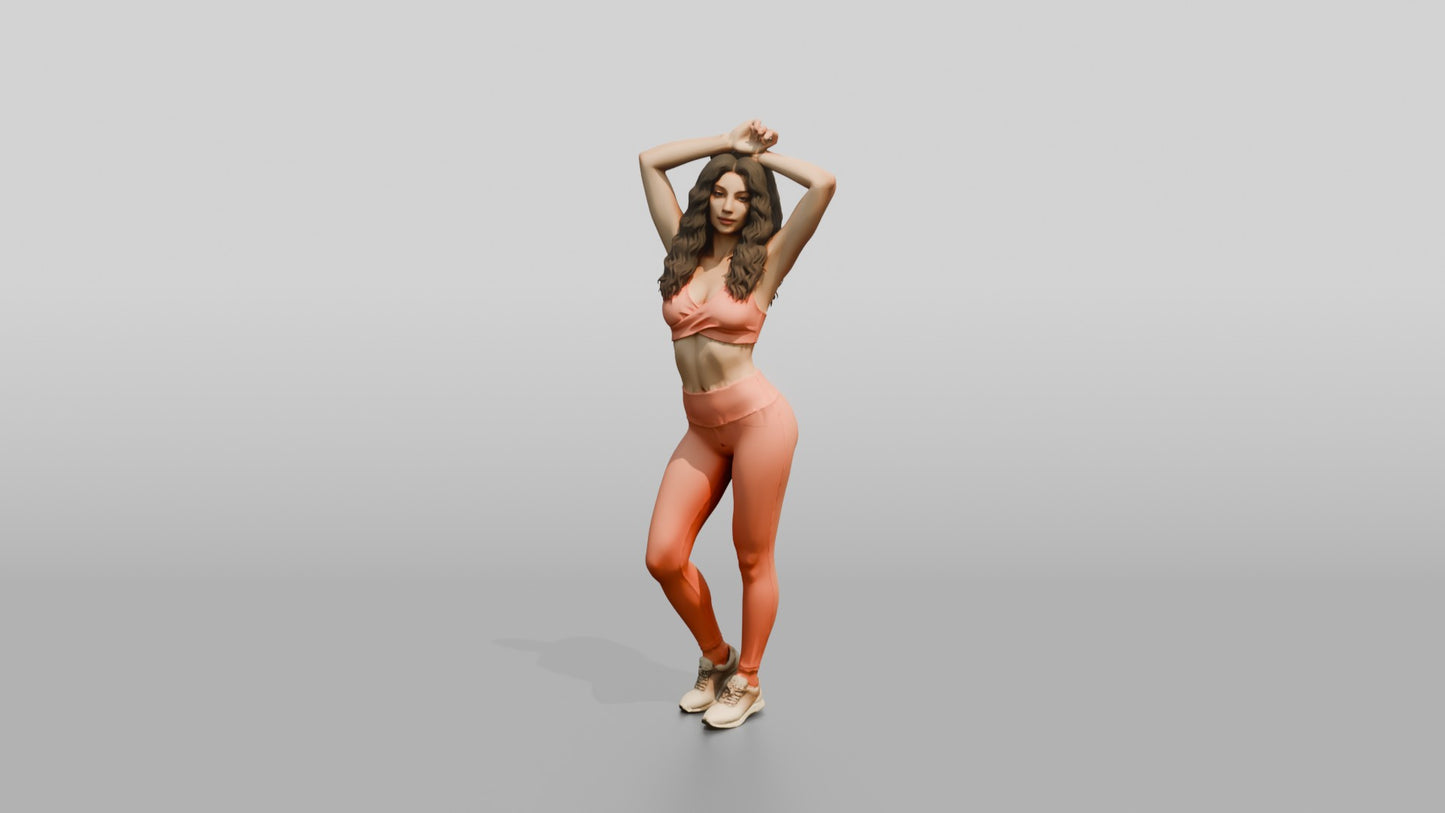 Woman in Coral Activewear Stretching Arms Overhead