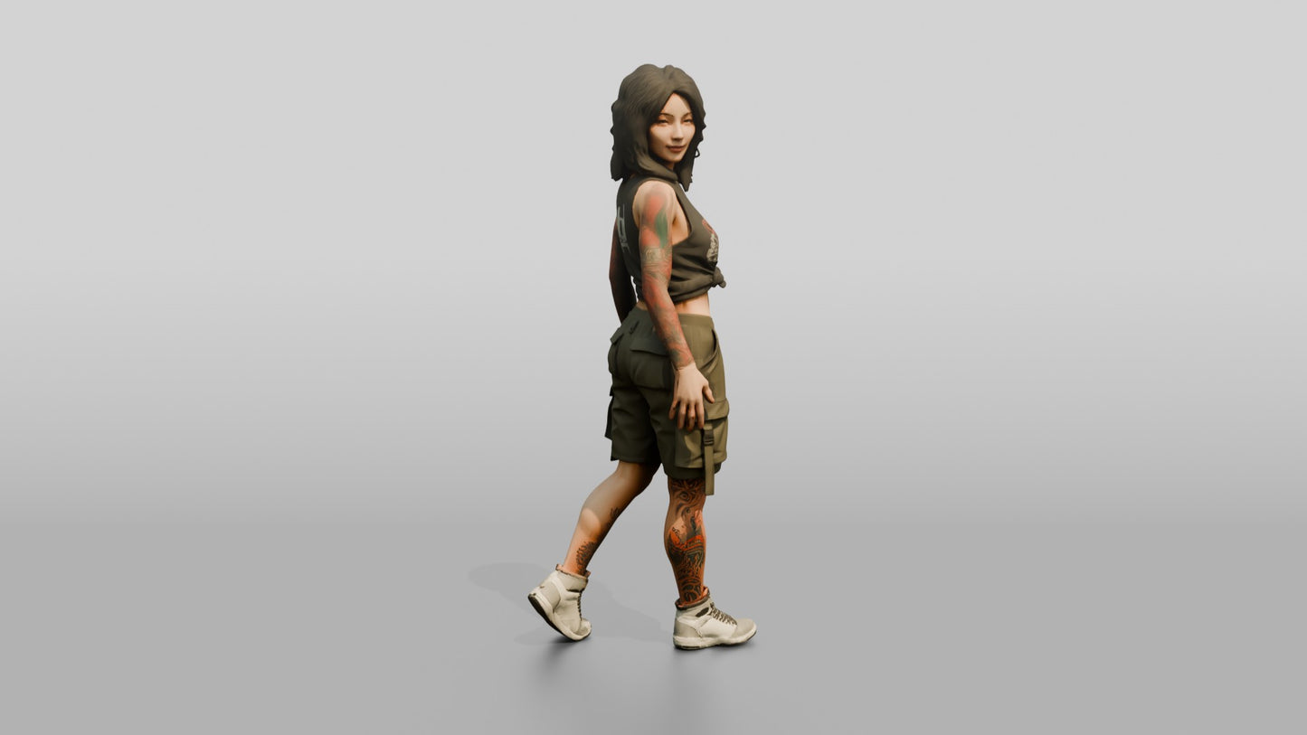 Tattooed Woman Walking in Cargo Shorts and Tank Top