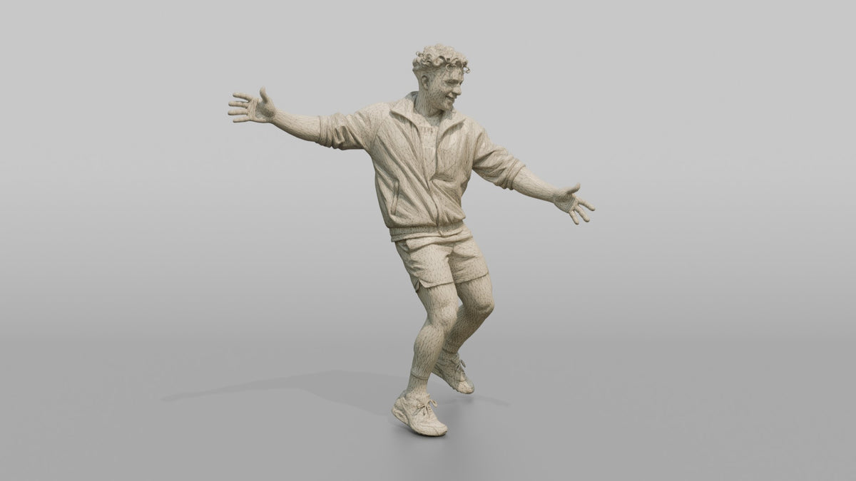 Patron Man Wearing A Bright Windbreaker Jacket, Arms Out Mid-dance - wireframe topology preview