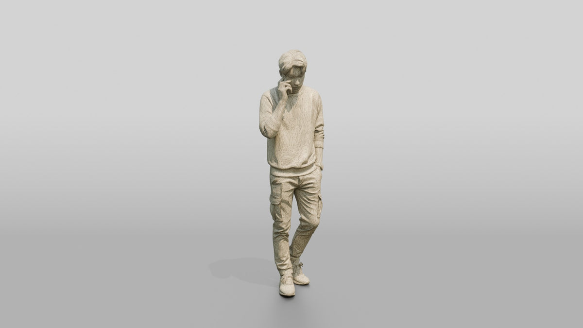Young Chinese Man Walking and Talking on Phone - wireframe topology preview