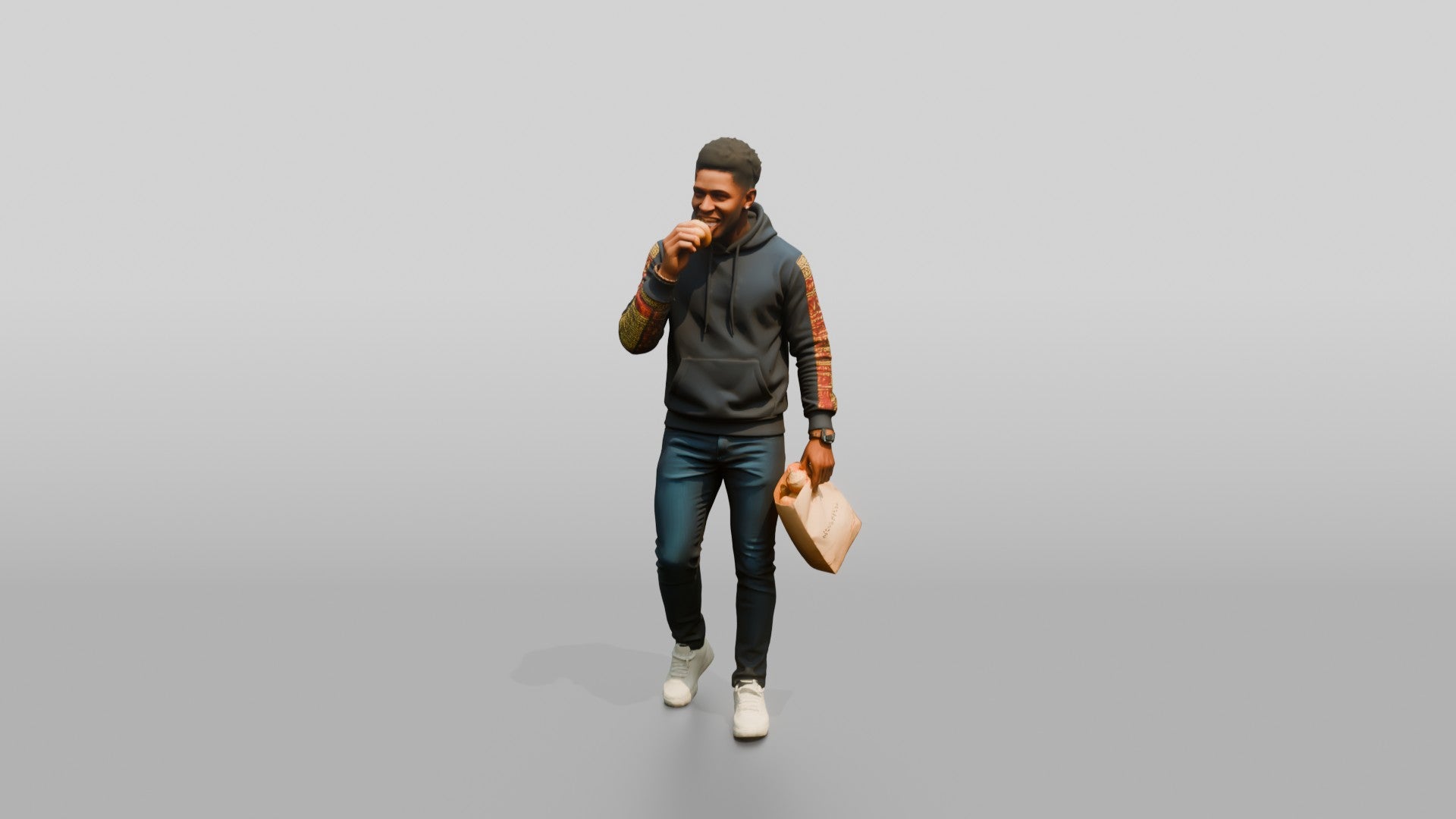 African Man in Print-Sleeve Hoodie Eating a Pastry