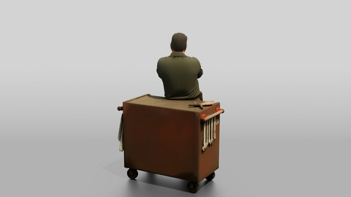 Mechanic Leaning on a Tool Chest - 3D character model, view 3