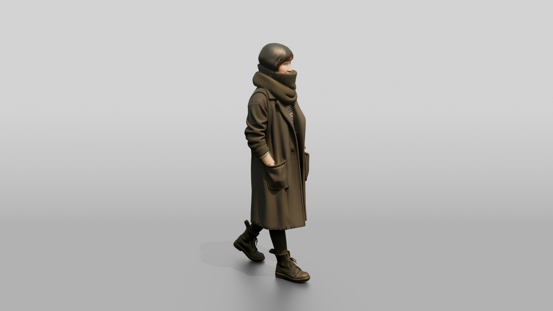Asian Woman Walking in Oversized Scarf
