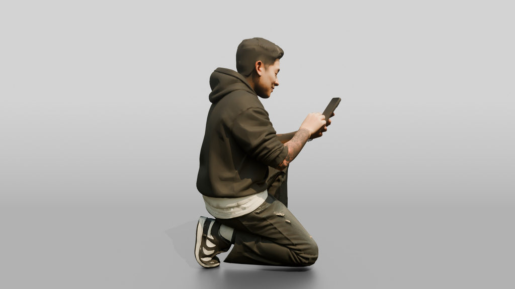 Asian Man Crouched Texting on Phone