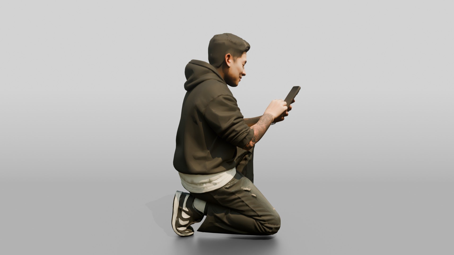 Asian Man Crouched Texting on Phone