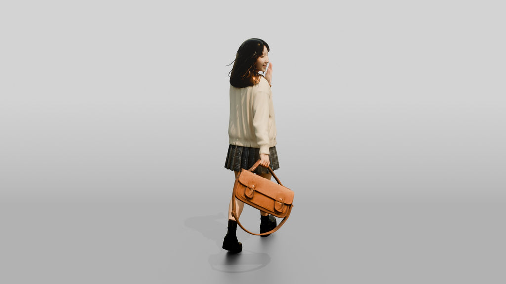 Asian Woman Walking with Vintage Bag