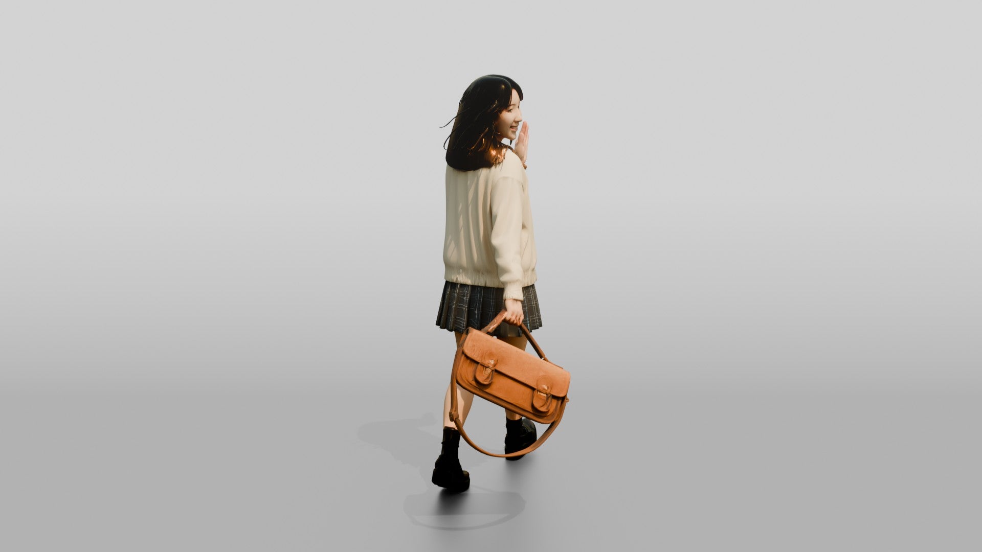 Asian Woman Walking with Vintage Bag
