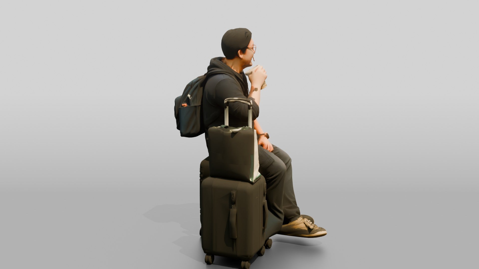 Plus-Size Asian Man Seated on Suitcase Drinking Bubble Tea