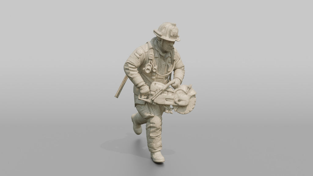 Firefighter Man Running Forward with a Rotary Rescue Saw