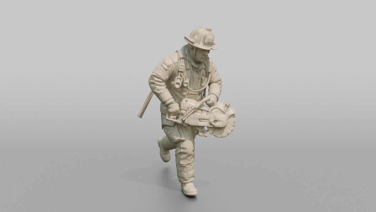 Firefighter Man Running Forward with a Rotary Rescue Saw - wireframe topology preview
