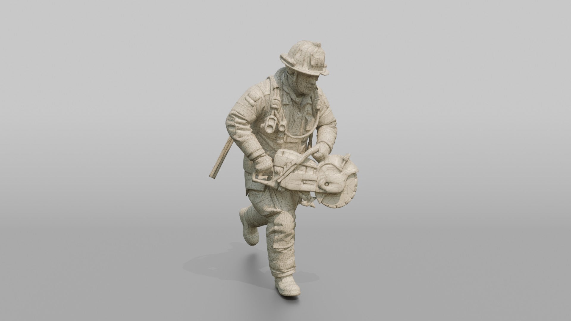 Firefighter Man Running Forward with a Rotary Rescue Saw