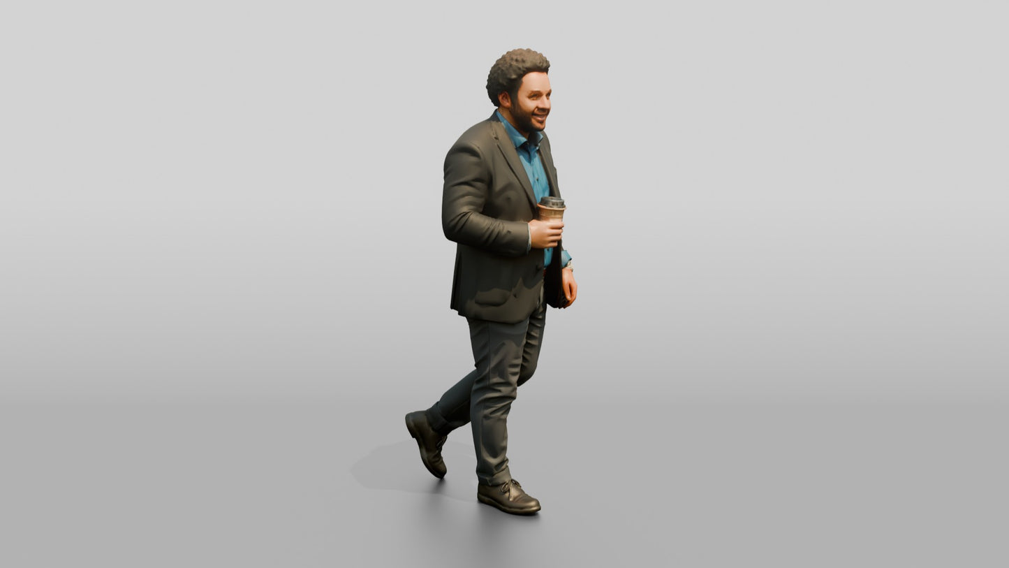 Man Walking with Coffee in the Hallway