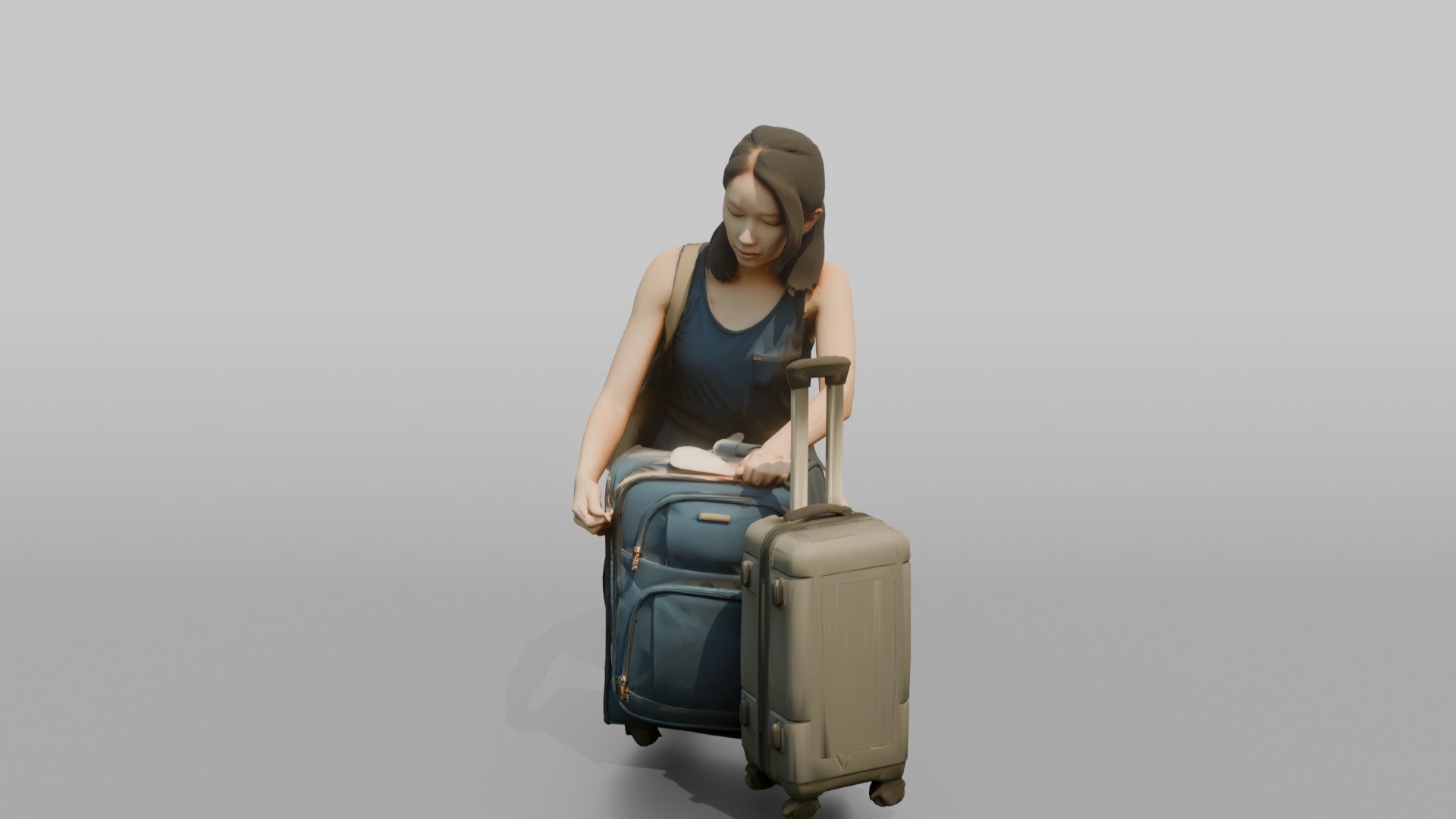 Traveler Kneeling To Zip Her Suitcase
