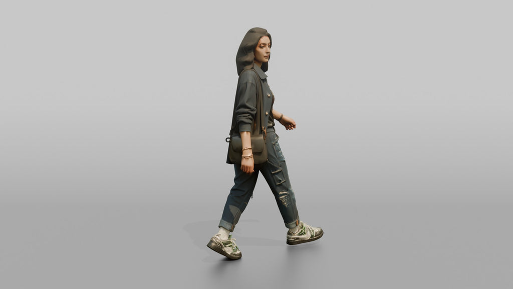 Young Woman in Dark Jacket Walking with Crossbody Bag