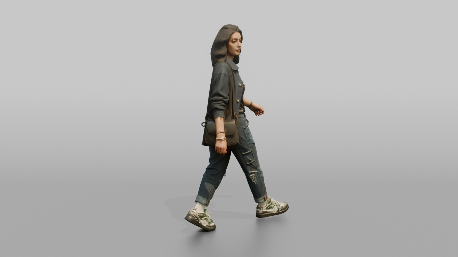 Young Woman in Dark Jacket Walking with Crossbody Bag