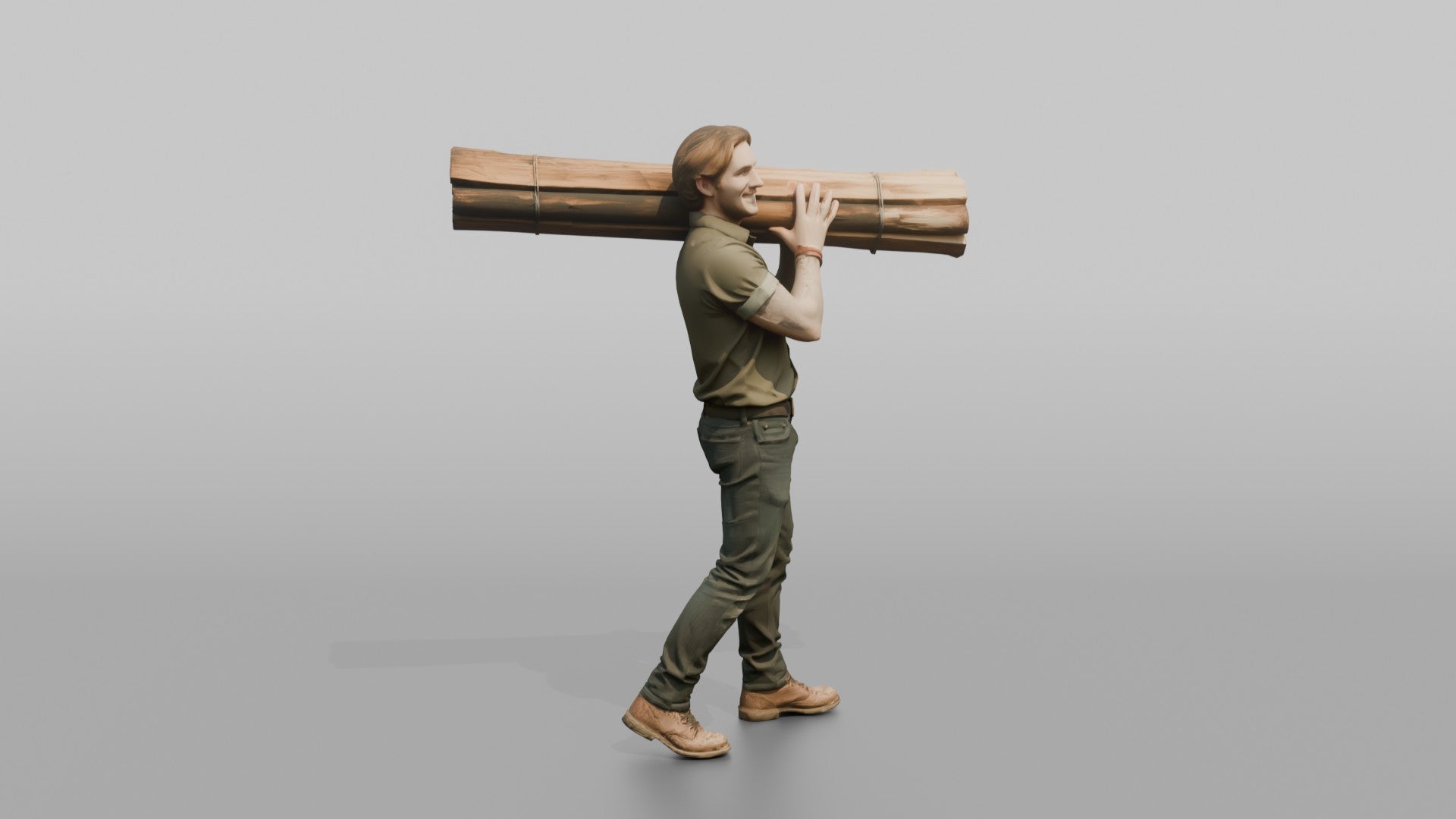 Farmer Carrying Bundle Of Fresh Fence Posts