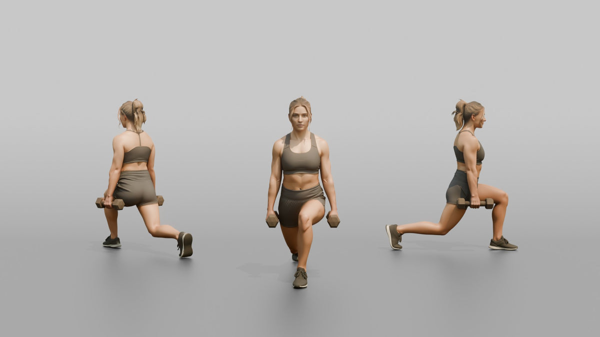 Weightlifter Woman Holding Two Dumbbells At The Sides Mid-lunge - 3D character model, view 1