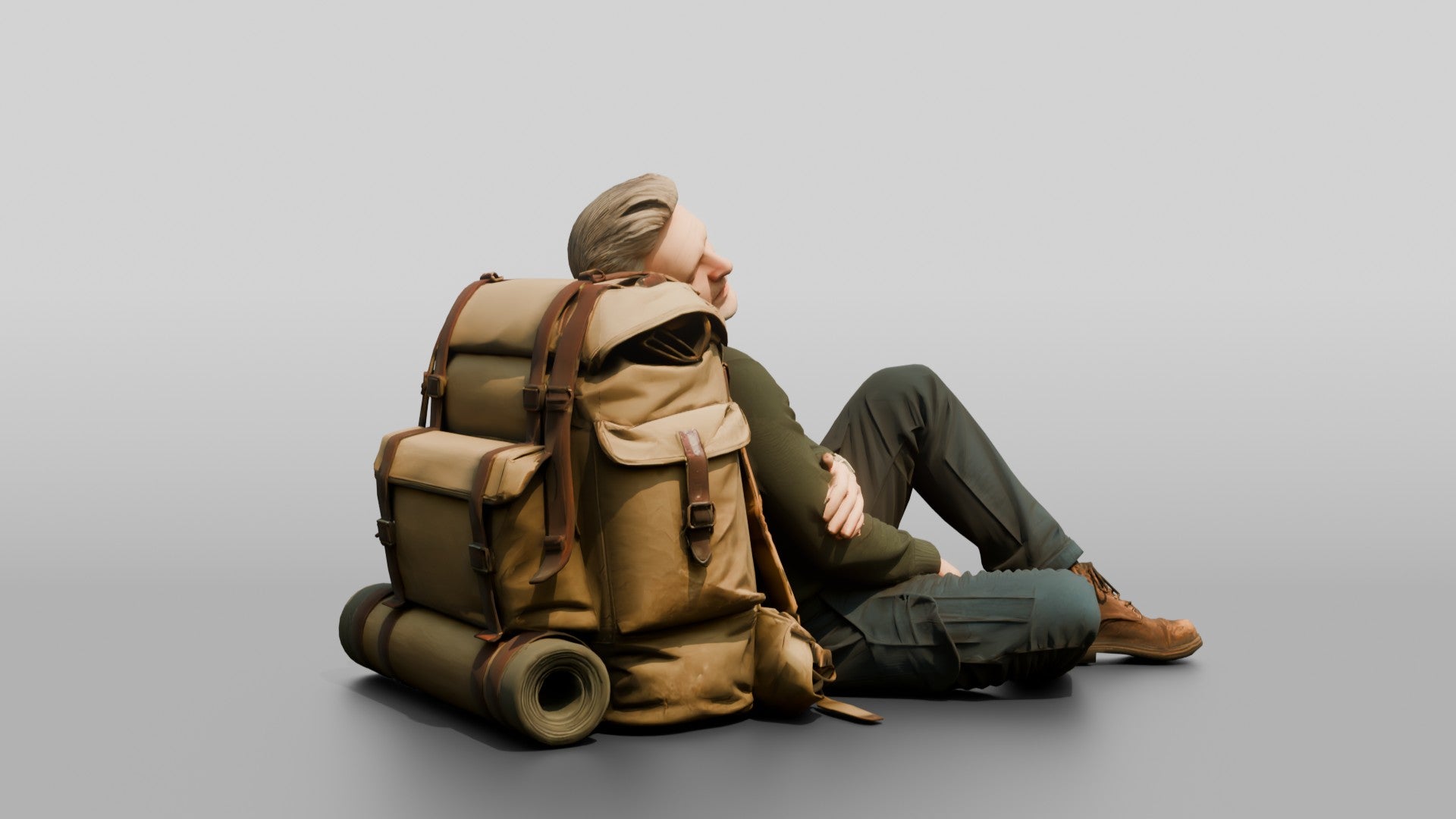 Homeless Man Asleep Leaning Against a Canvas Pack