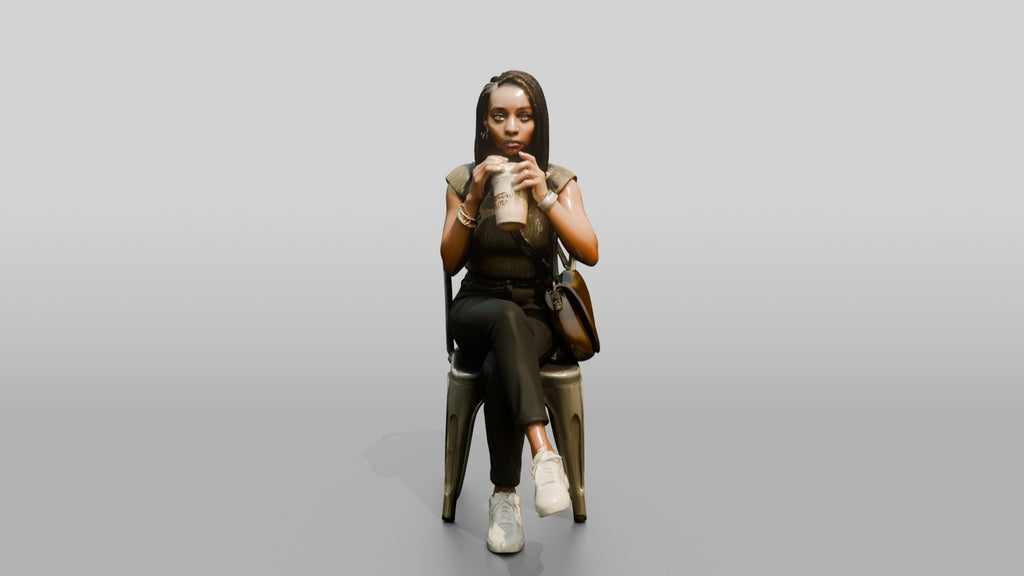 Young Black Woman Seated Drinking Coffee with Handbag