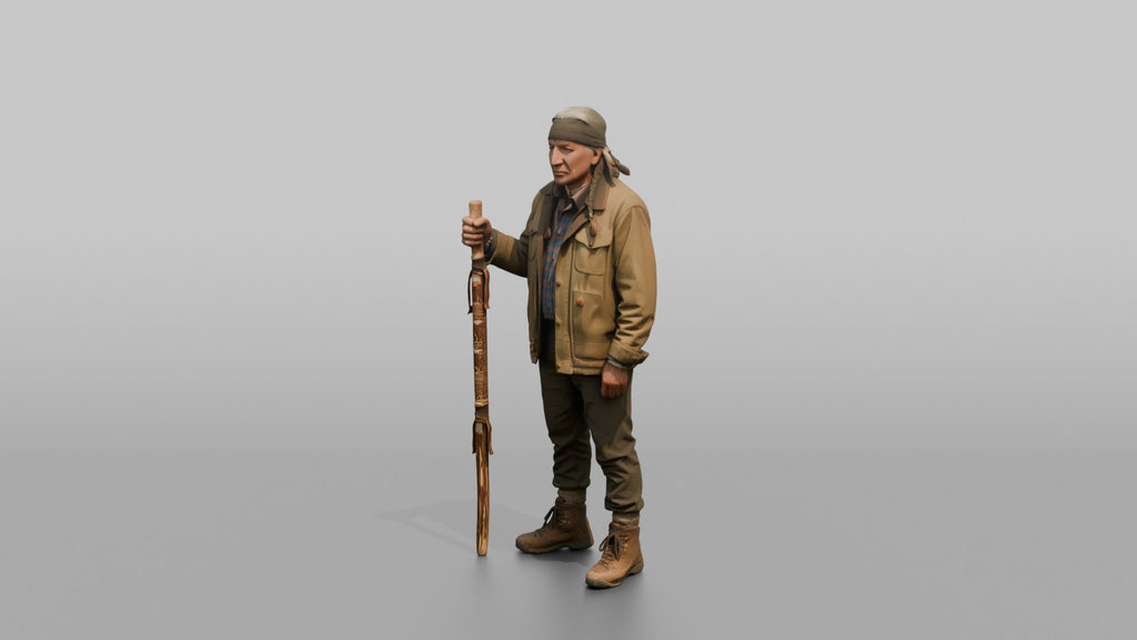 Hiker Holding a Carved Wooden Walking Stick
