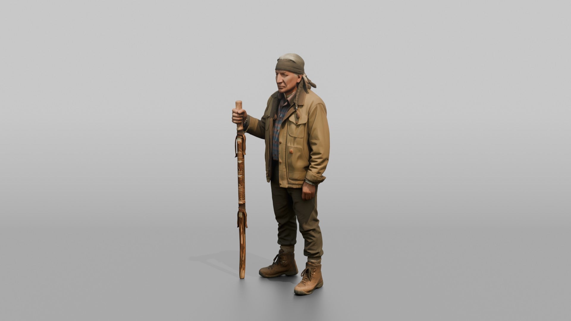 Hiker Holding a Carved Wooden Walking Stick
