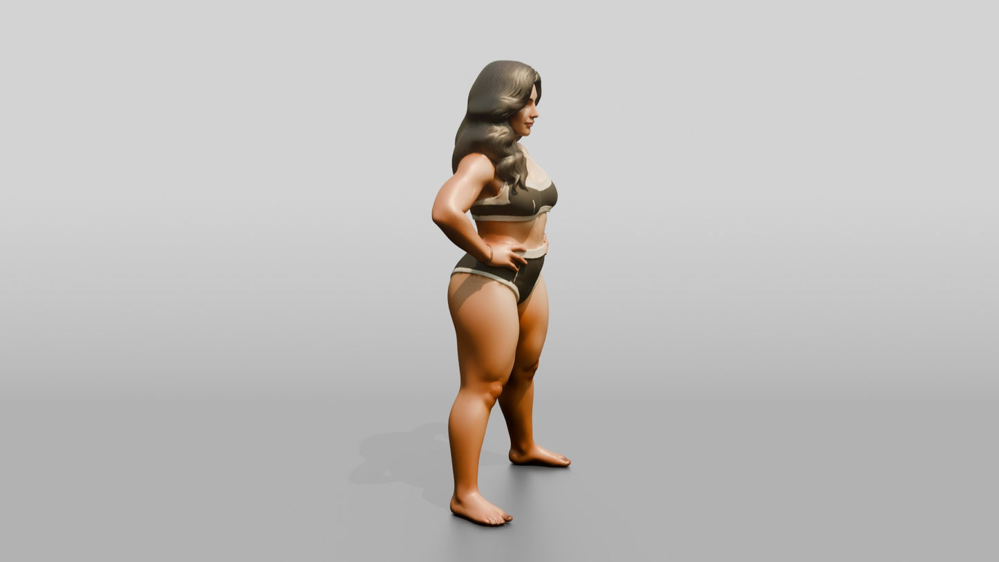 Curvy Woman in Taupe Two-Piece Swimsuit Wide Stance