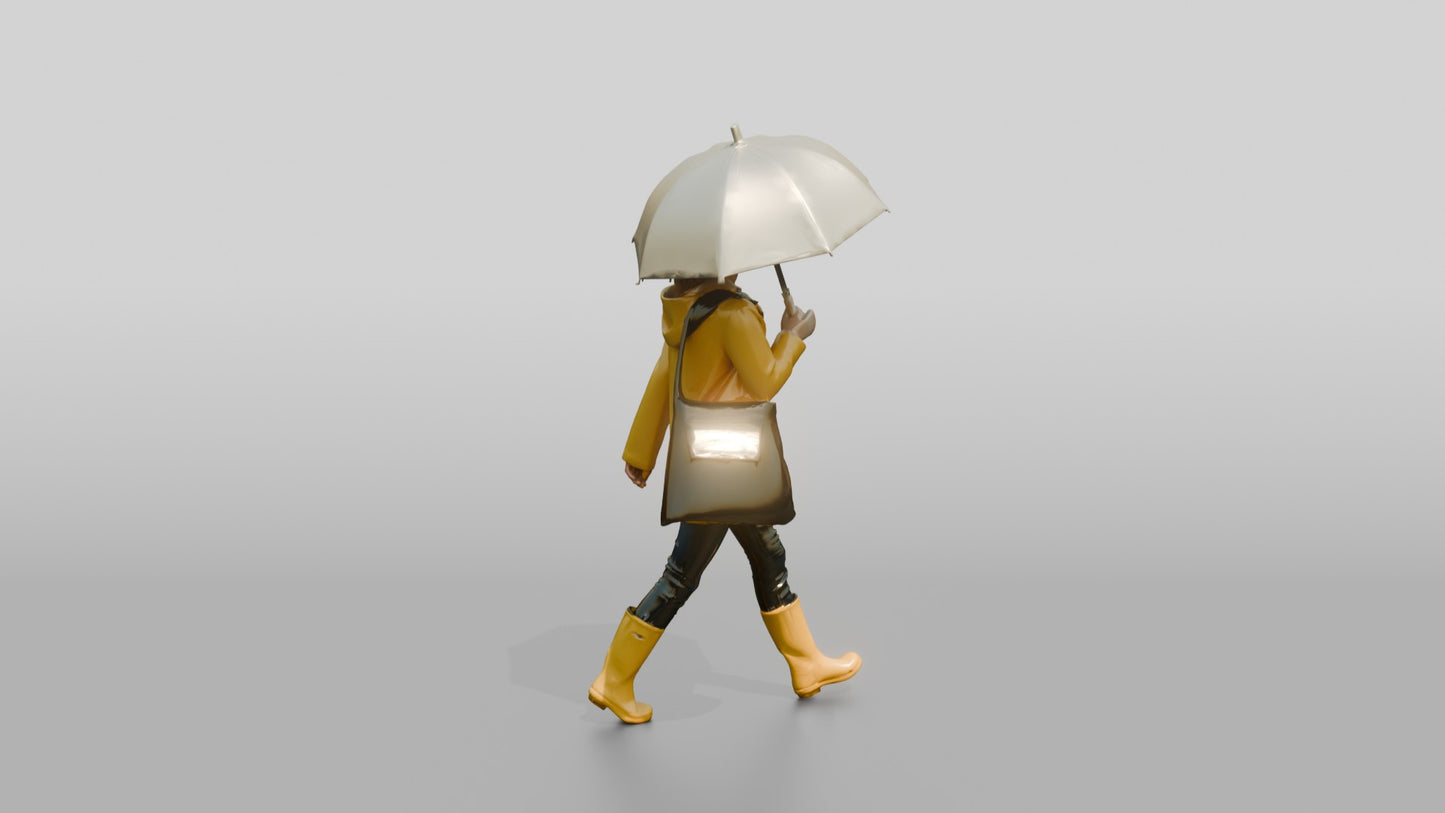 White Woman in Yellow Raincoat with Umbrella