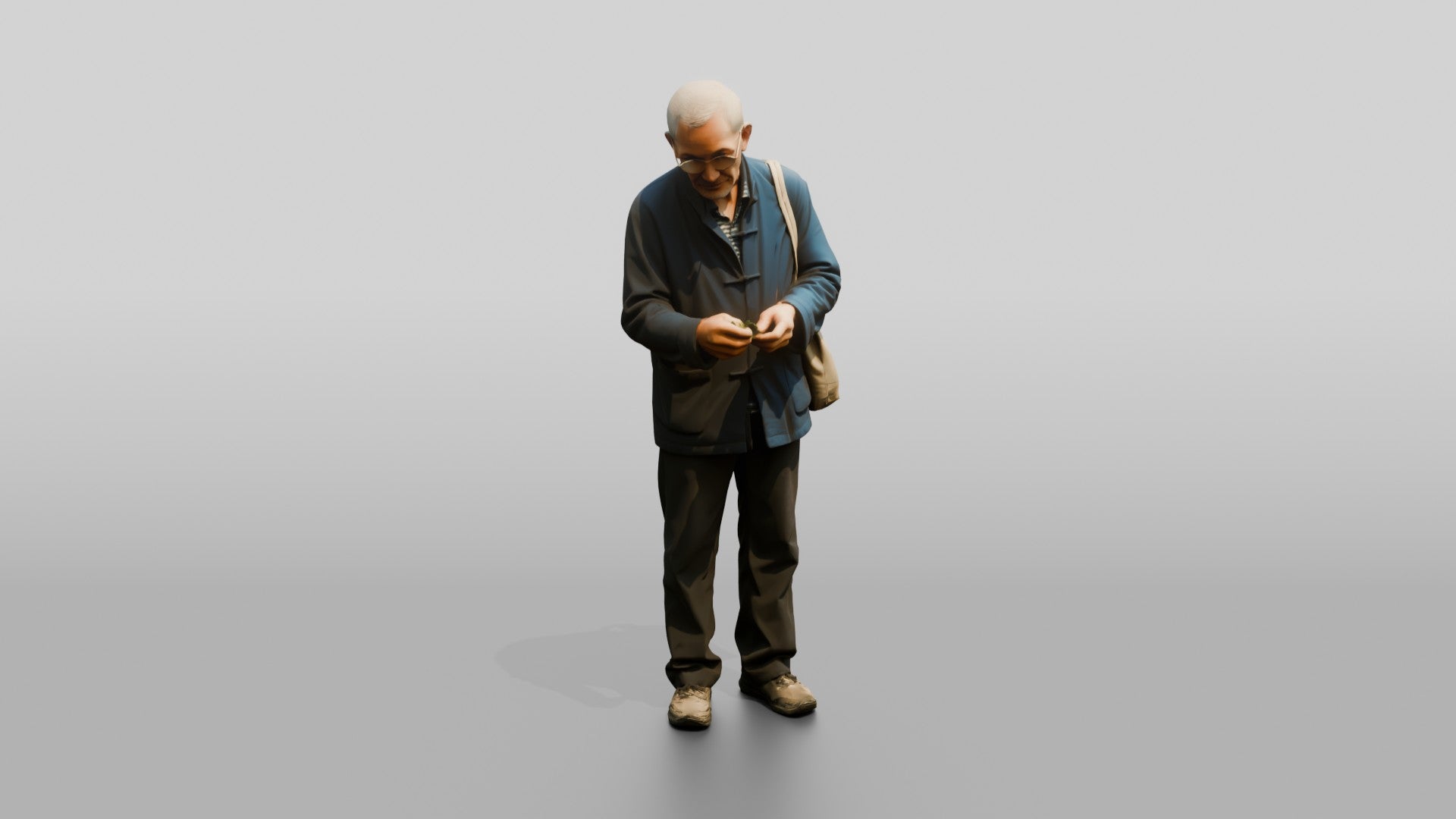 Elderly Chinese Man Walking with Shoulder Bag