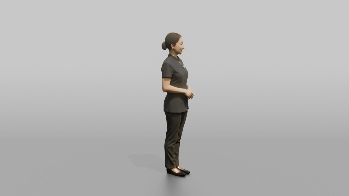 Spa Receptionist Woman Standing With Hands Folded, Welcoming Posture - 3D character model, view 2