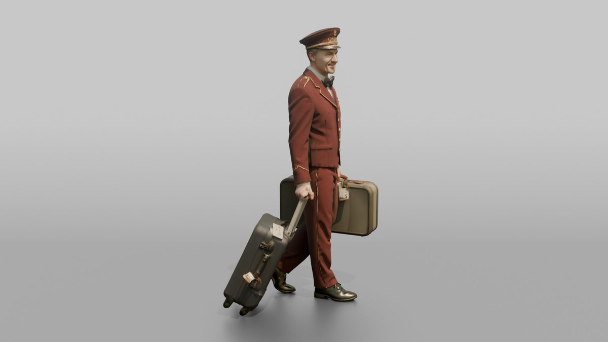 Bellhop Man Carrying Two Suitcases, One In Each Hand - 3D character model, view 2