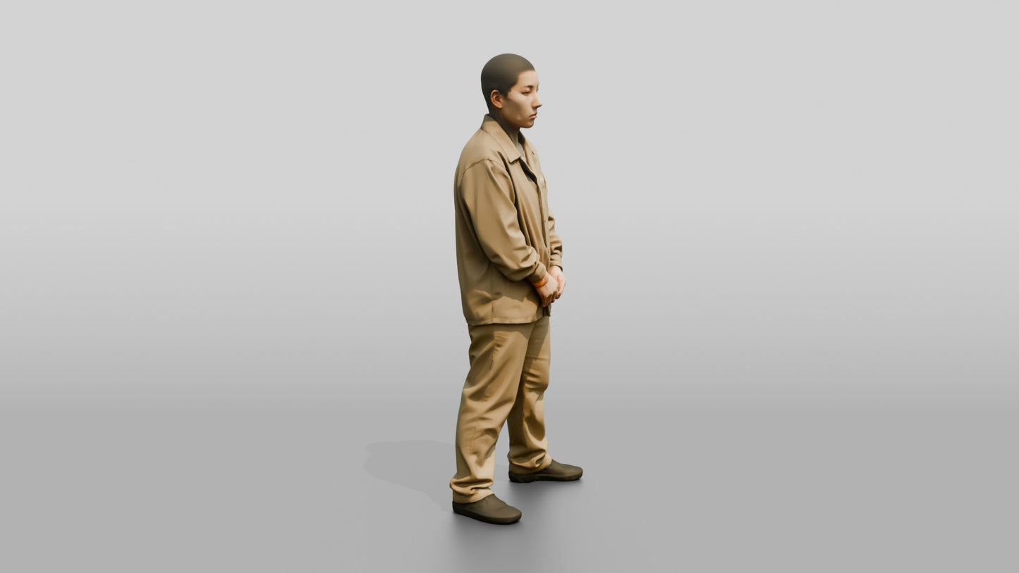 East Asian Female Prisoner in a Khaki Uniform