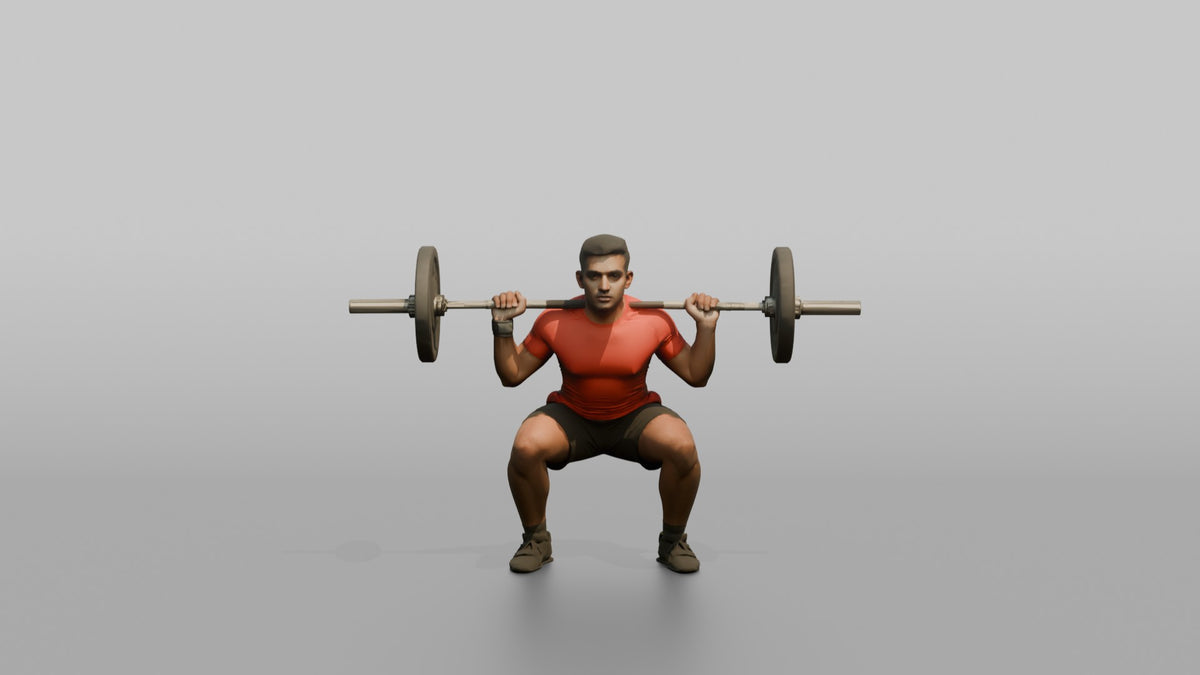 Weightlifter Man Holding A Barbell Across The Shoulders In A Squat Stance - 3D character model, view 5