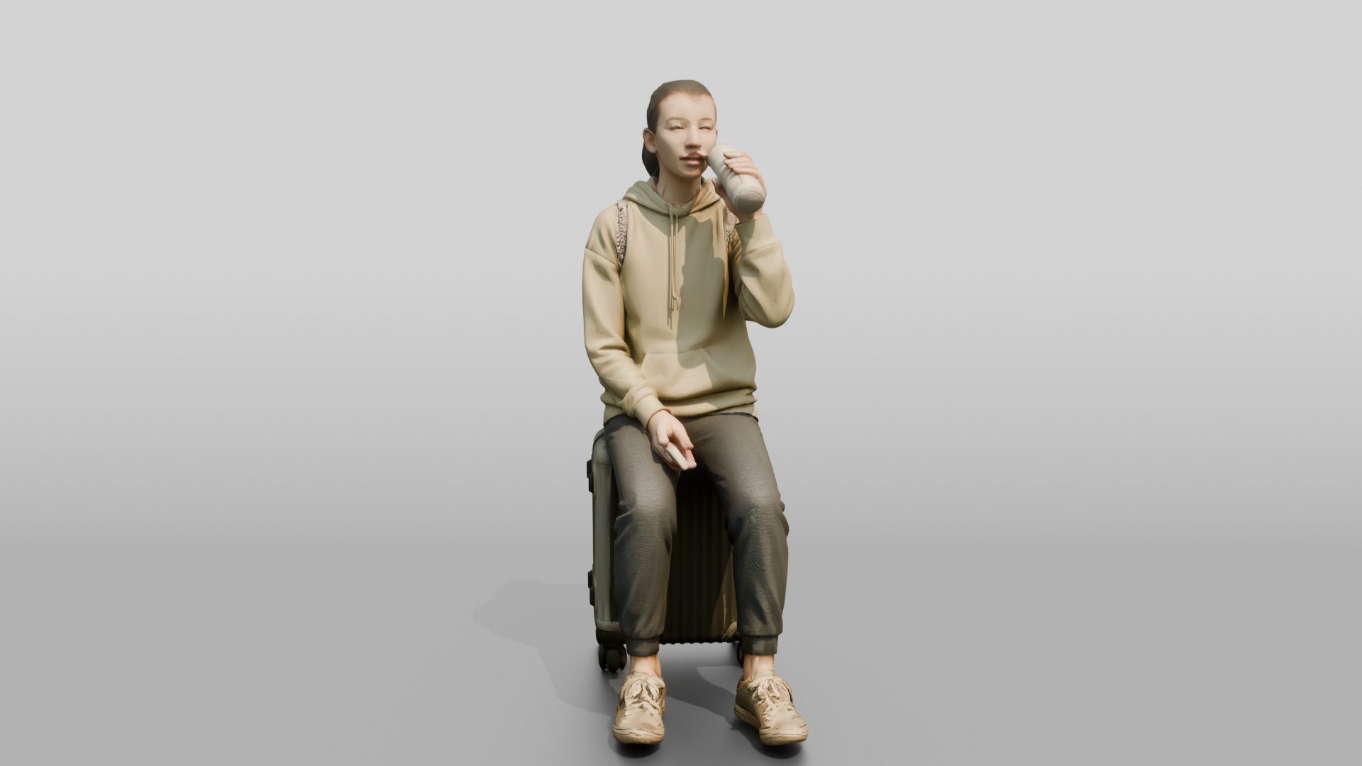 Young Woman Seated on Suitcase Drinking from Travel Cup
