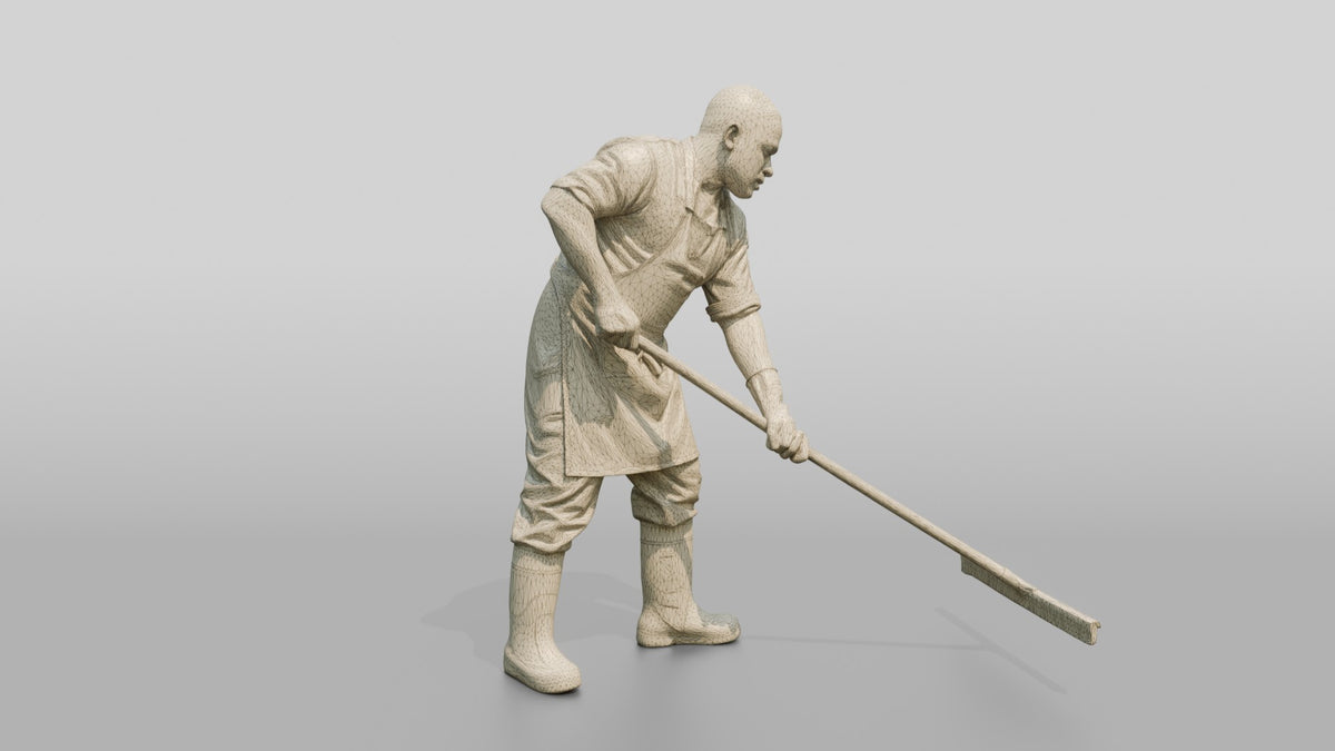 Kitchen Porter Squeegeeing the Floor - wireframe topology preview