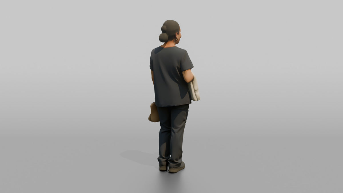 Spa Attendant Woman Holding A Folded Towel And Flip-flops - 3D character model, view 3