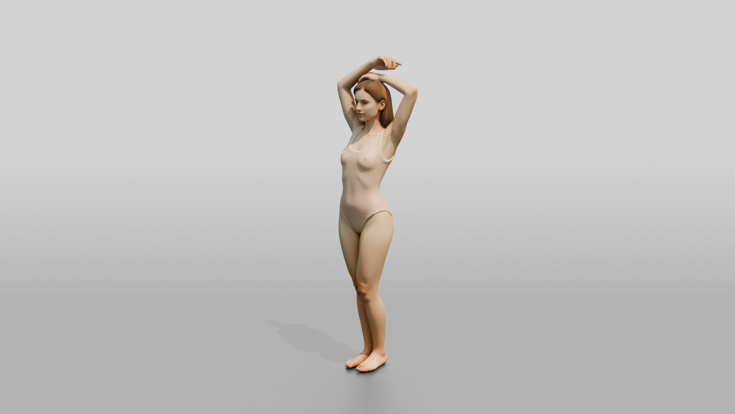 Blonde Woman in Blush One-Piece Swimsuit Arms Raised