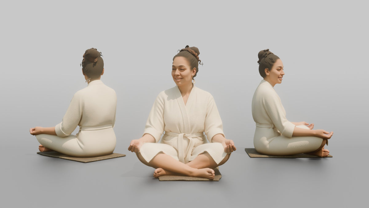 Spa Client Man Sitting Cross-legged On A Mat, Wearing A Spa Robe - 3D character model, view 1