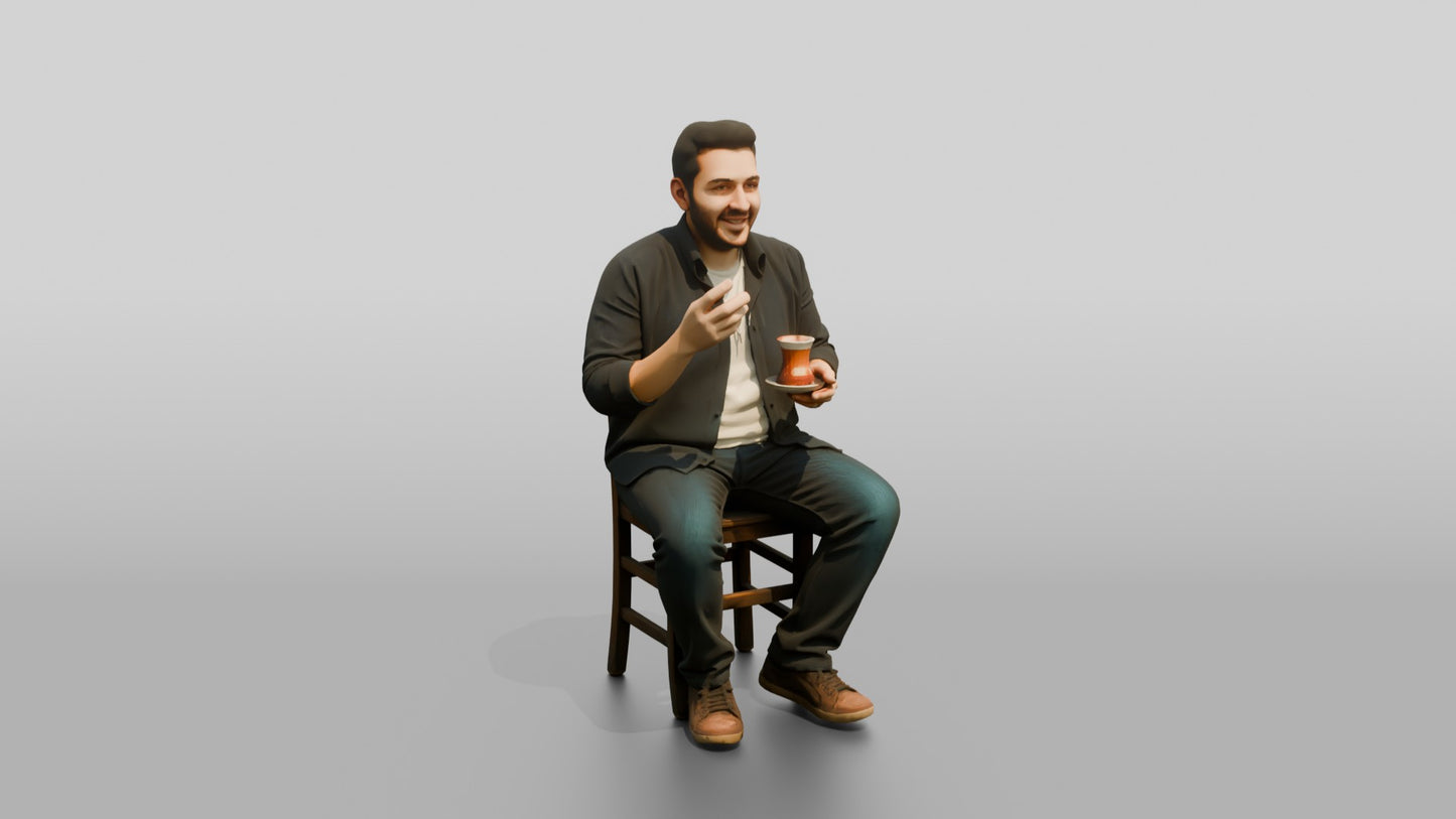 Man Gesturing with Tea and Earbuds