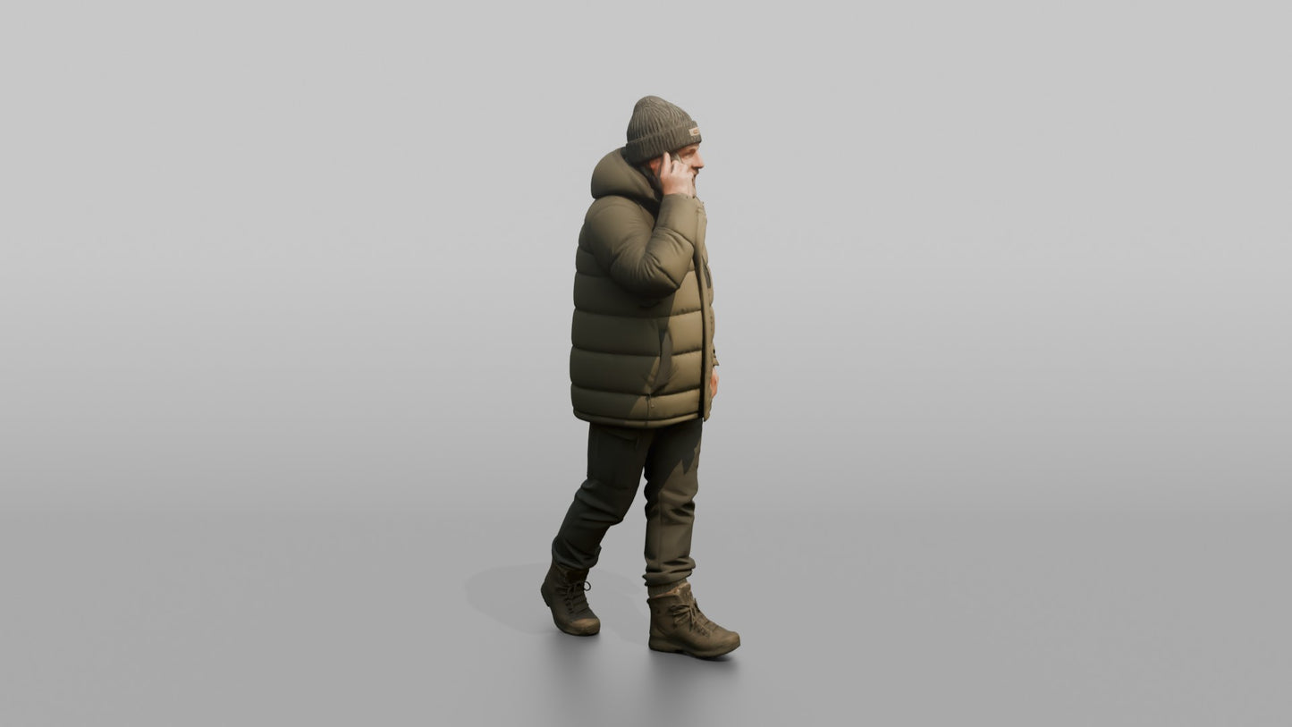 Scandinavian Man Talking on His Phone in a Puffer Coat