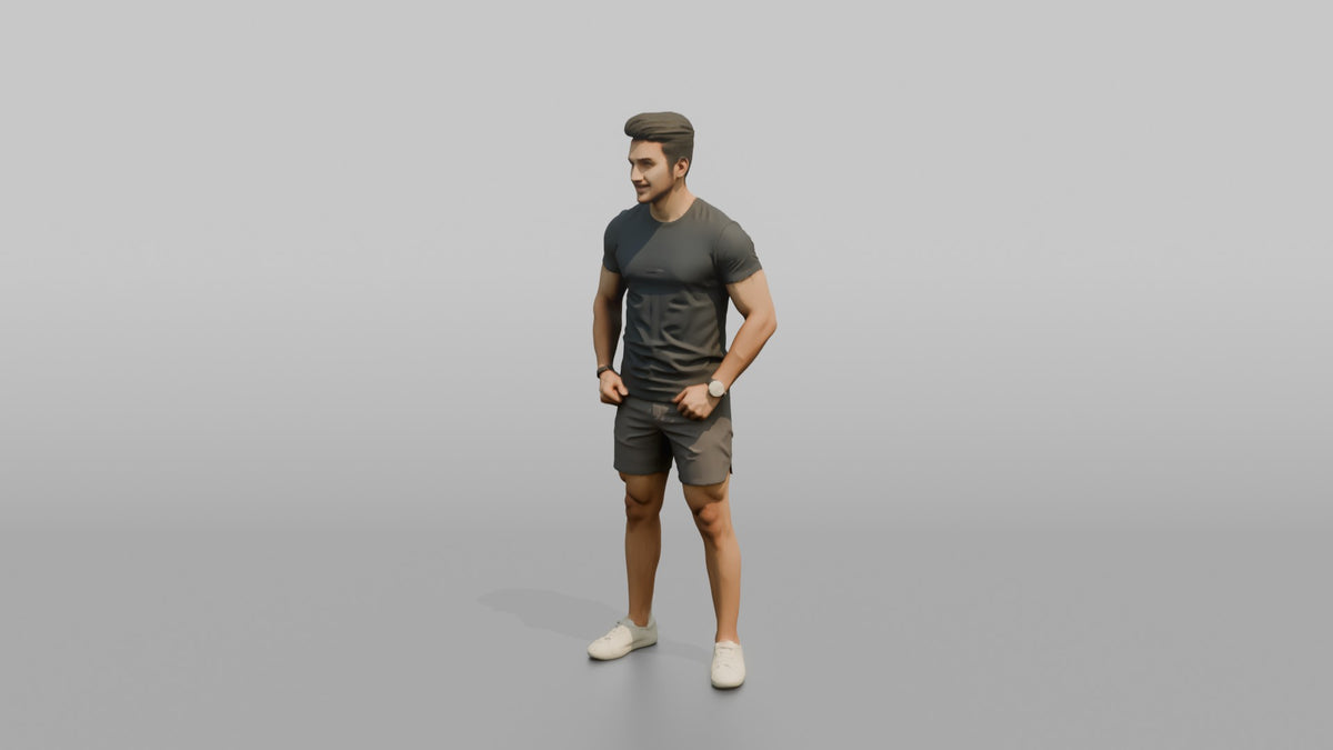 Fitness Influencer Man Standing Confidently, Thumbs Hooked In Waistband - 3D character model, view 4