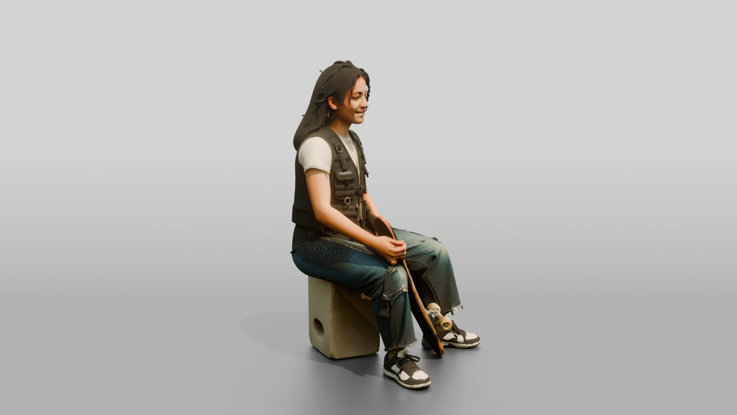 Skater Woman in Utility Vest with Skateboard