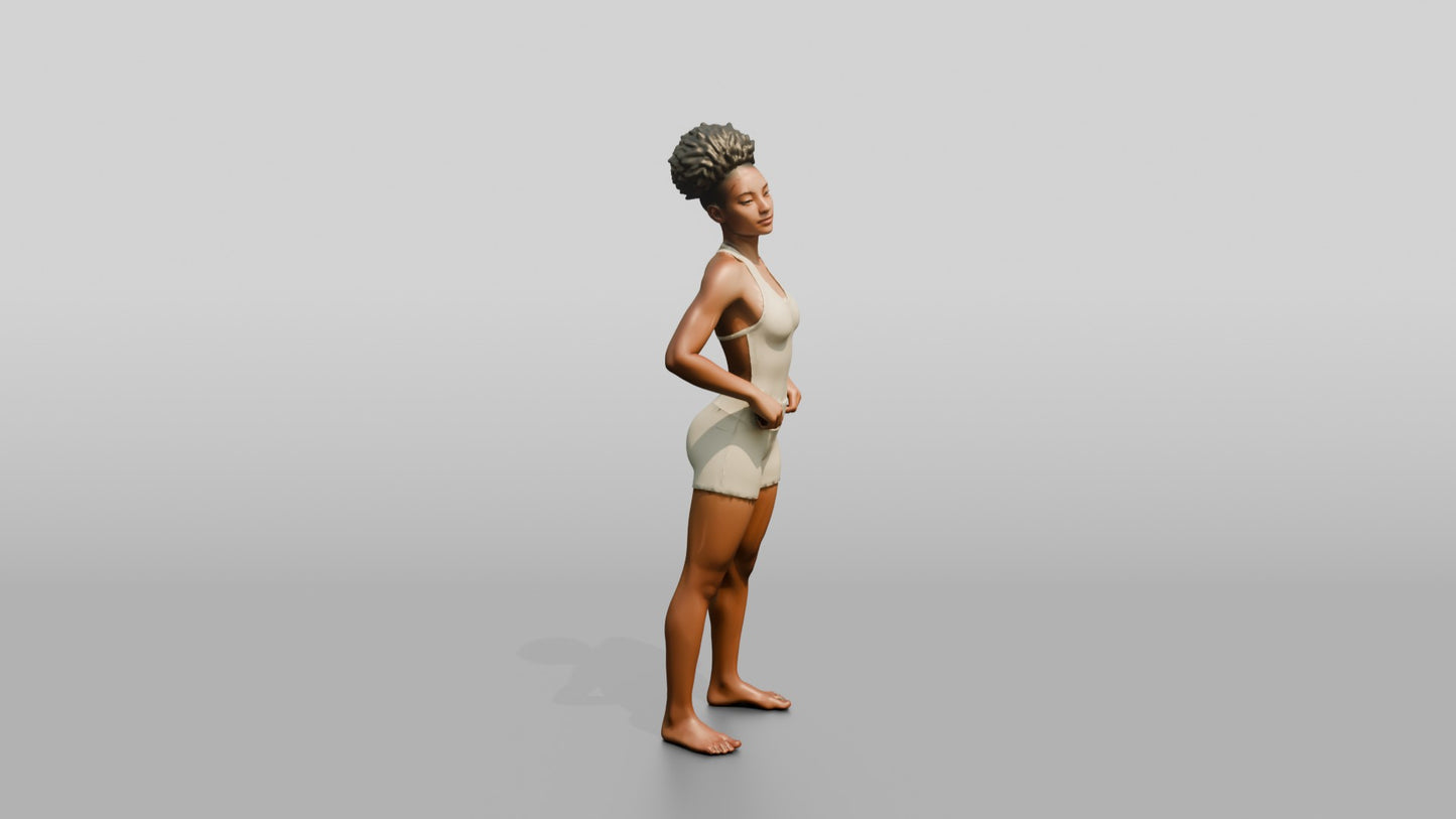 Black Woman in Cream Unitard with Hand on Hip