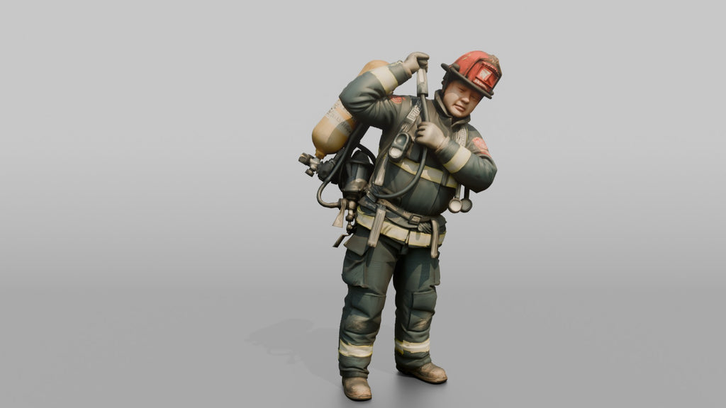 Firefighter Man Hoisting an SCBA Tank Onto His Back