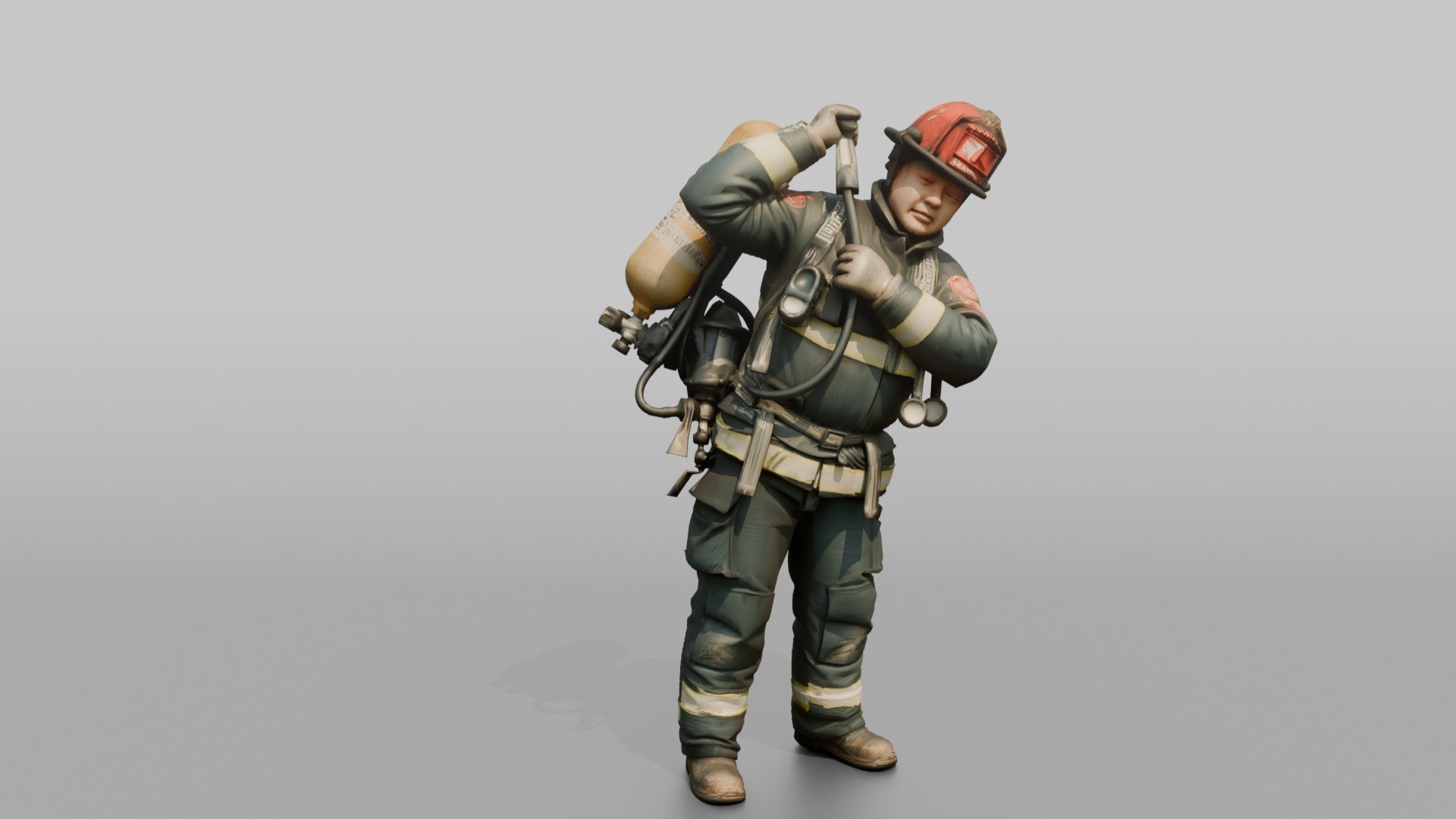 Firefighter Man Hoisting an SCBA Tank Onto His Back