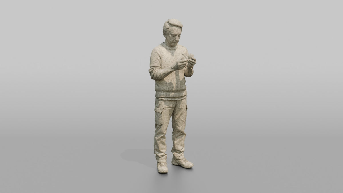 Grandfather Holding A Pipe, Examining It Thoughtfully - wireframe topology preview