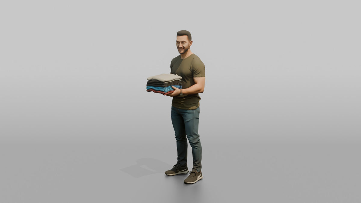 Man Customer Holding A Stack Of Folded T-shirts - 3D character model, view 5