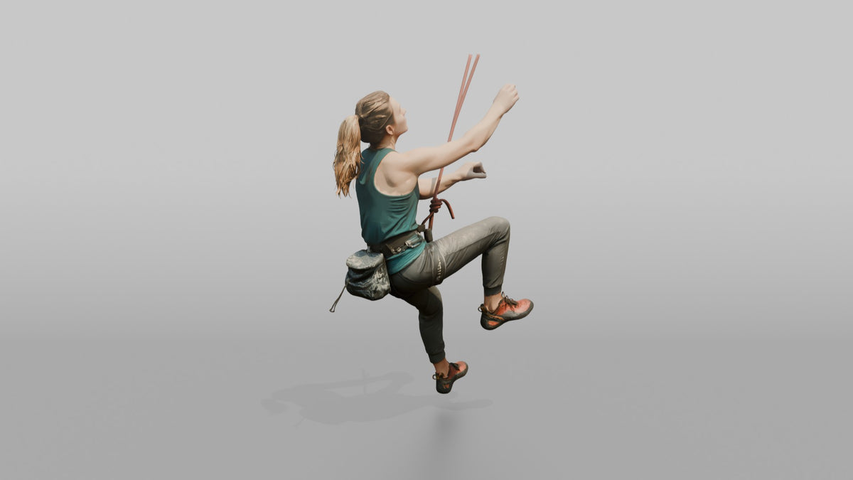 Rock Climber Reaching Upward Mid-Climb - 3D character model, view 2