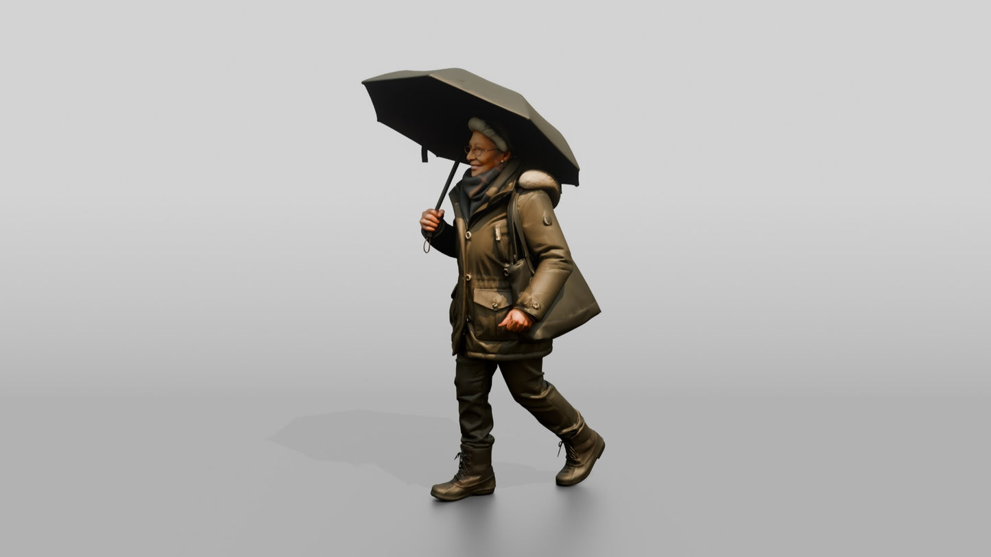 Elderly Black Woman in Heavy Coat with Umbrella