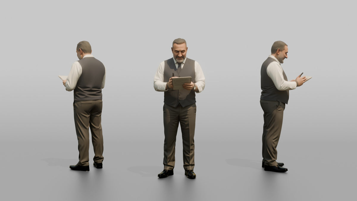 Host Man Checking A Reservation List On A Clipboard - 3D character model, view 1