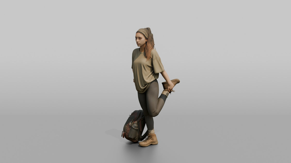 Trekker Stretching Her Quadriceps - 3D character model, view 4